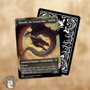 May include: A Magic: The Gathering card depicting "Kokusho, the Evening Star," a dragon spirit. The card shows a black dragon with a red body. Behind it is a black card with white decorative patterns. The card is marked "5/5."