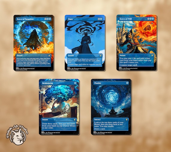 5 Legacy Blue Staples | Proxy Cards — Force of Will, Force of Negation, Brainstorm Ponder, Daze