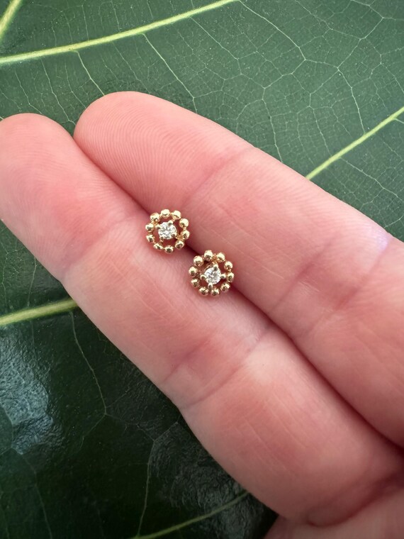 Tiny 14k Solid Yellow Gold Diamond Bubble Stud Ea… - image 7
