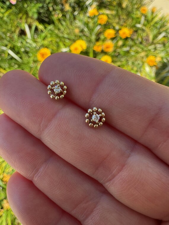 Tiny 14k Solid Yellow Gold Diamond Bubble Stud Ea… - image 2