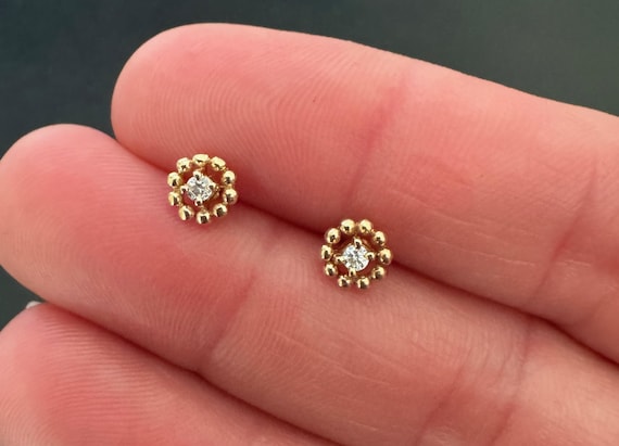 Tiny 14k Solid Yellow Gold Diamond Bubble Stud Ea… - image 1