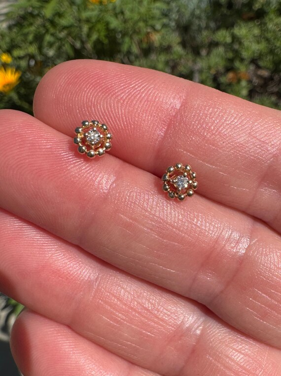 Tiny 14k Solid Yellow Gold Diamond Bubble Stud Ea… - image 3