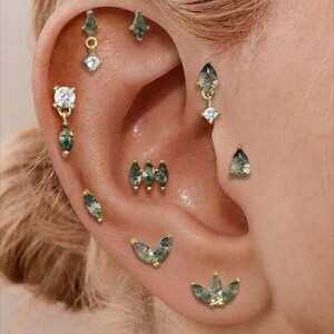 925 Sterling Silver Natural Moss Agate Leaf Earrings Set, Titanium Flat Back Stud Earrings, Nose Stud, Helix Tragus Conch Cartilage Stud