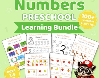 May include: A Numbers Preschool Learning Bundle featuring 100+ printable activities for ages 3-5. The set includes worksheets with train graphics, number tracing, coloring tasks, and fruit-themed math problems, alongside a cartoon raccoon character.