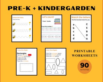 Preschool + Kindergarten Learning Bundle| Printable Activity Worksheets| Tracing Worksheets| Shapes| A-Z Alphabet Learning Activity