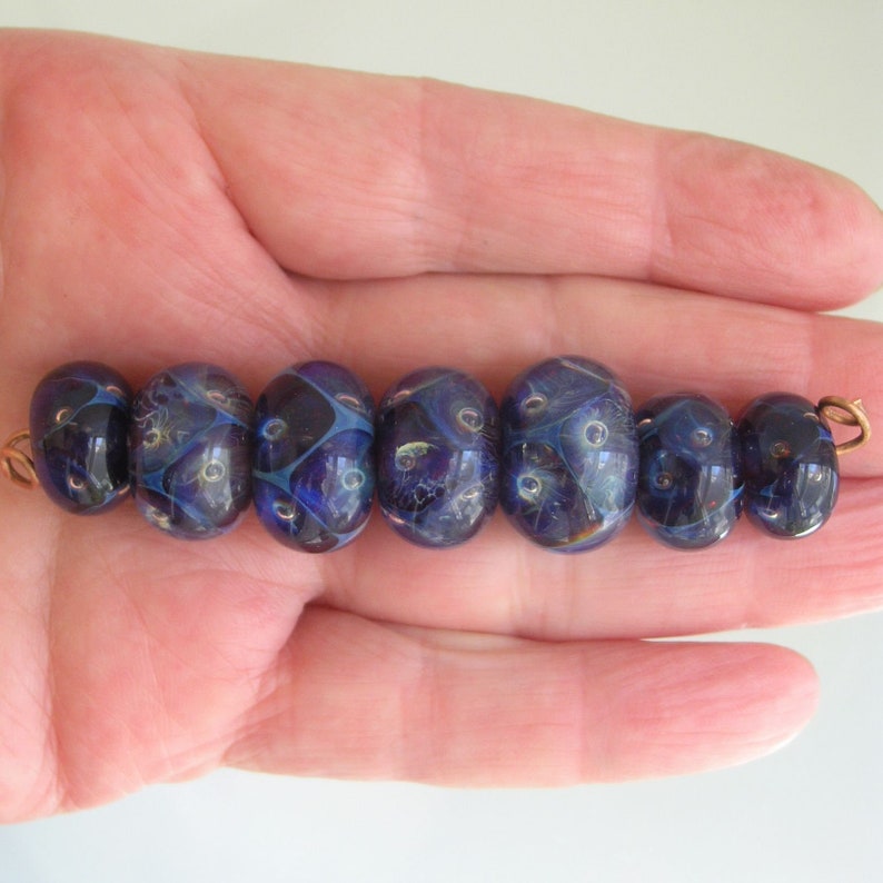 Navy Violet Boro Lampwork Glass Beads 15mm to 19mm Artisan Handmade Set of 7