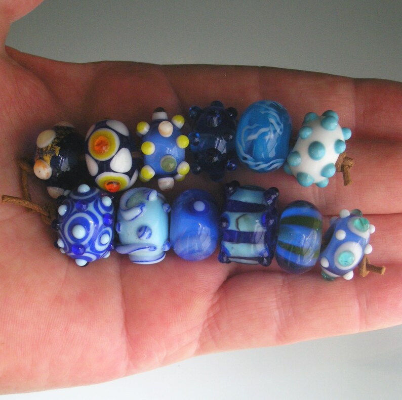 Blue Boro Lampwork Orphan Beads Turquoise Dots Stripes Swirls Light and Dark Blue Yellow Accents 12 Bead Set