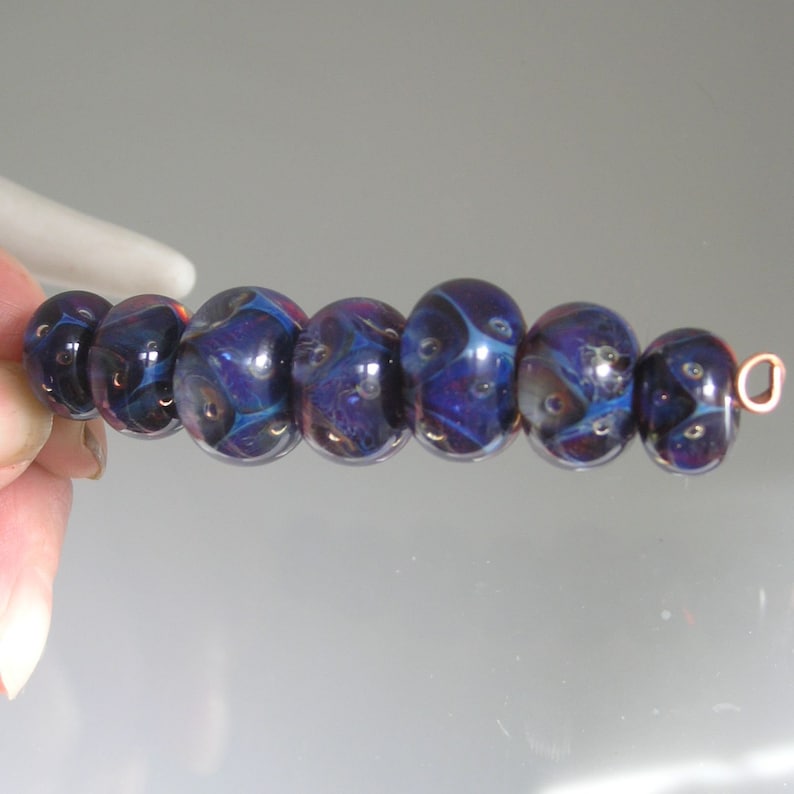 Navy Violet Boro Lampwork Glass Beads 15mm to 19mm Artisan Handmade Set of 7