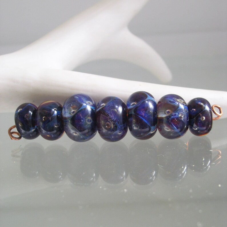 Navy Violet Boro Lampwork Glass Beads 15mm to 19mm Artisan Handmade Set of 7