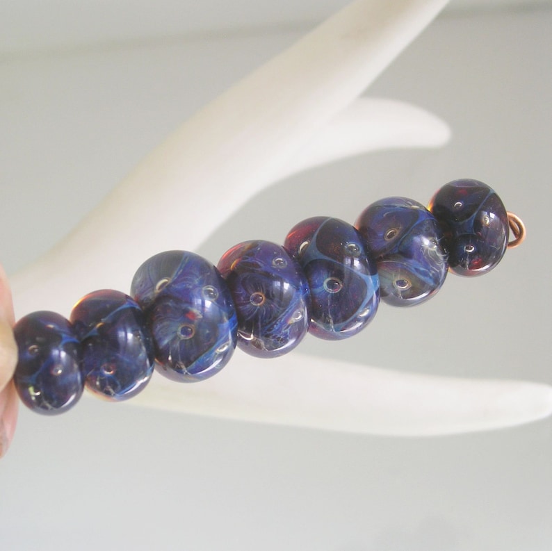 Navy Violet Boro Lampwork Glass Beads 15mm to 19mm Artisan Handmade Set of 7