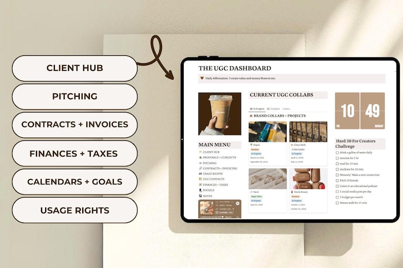 UGC Dashboard for Notion, UGC Creators, UGC Business, Notion for Content Creators,Notion Template, content creators, influencers, vitaminc