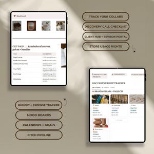 Op de afbeelding: Een digitaal scherm dat een businessplan weergeeft voor een bedrijf dat door gebruikers gegenereerde content (UGC) maakt. Het scherm toont een lijst met diensten, waaronder een budget- en uitgaven-tracker, moodboards, kalenders en doelen, en een pitch-pipeline. Het scherm toont ook een lijst met de huidige prijzen en pakketten voor UGC-diensten.