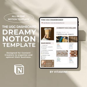 Op de afbeelding: Een screenshot van een Notion-sjabloon voor content creators, genaamd "Dreamy Notion Template". Het sjabloon is ontworpen om creators te helpen hun bedrijf te organiseren en te laten groeien. Het sjabloon bevat secties voor de klantenhub, voorstellen, contracten, financi&euml;n en sociale media. Het sjabloon is ontworpen door "By Vitaminc".