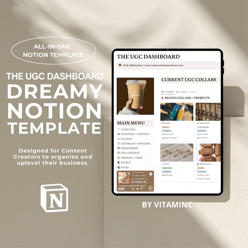 Op de afbeelding: Een screenshot van een Notion-sjabloon voor content creators, genaamd "Dreamy Notion Template". Het sjabloon is ontworpen om creators te helpen hun bedrijf te organiseren en te laten groeien. Het sjabloon bevat secties voor de klantenhub, voorstellen, contracten, financi&euml;n en sociale media. Het sjabloon is ontworpen door "By Vitaminc".