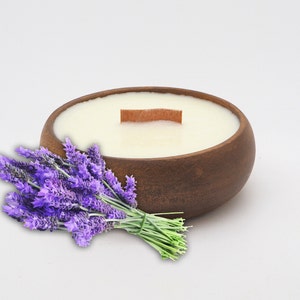 Lavender Candle in Reusable Bowl - All Natural Soy Wax  - Wooden Wick