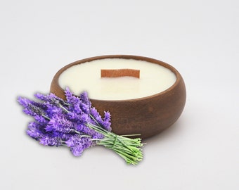 Lavender Candle in Reusable Bowl - All Natural Soy Wax  - Wooden Wick