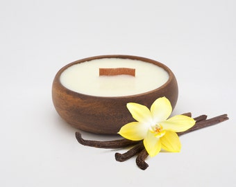 Vanilla Bean Candle in Reusable  Acacia Bowl - Hawaiian Tropical Beach Theme - Best Smelling Vanilla - Wooden Wick