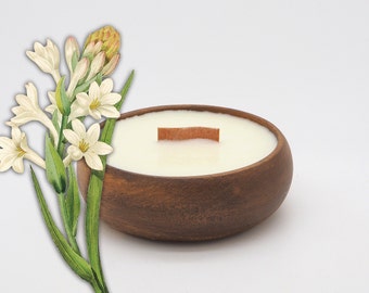 Tuberose  Candle in Reusable  Acacia Bowl - Hawaiian Tropical Beach Theme - Best Smelling - Wooden Wick