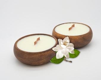 Gardenia (Set Of 2) Candles in Reusable Acacia Bowl - MADE IN USA - Best Smelling Hawaiian Gardenia