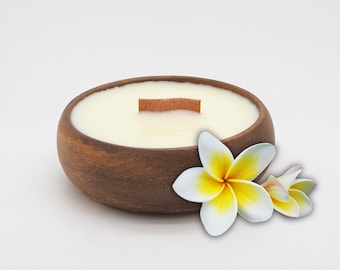 Plumeria Candle in Reusable  Bowl - Hawaiian Tropical Beach Theme - Best Smelling  - Wooden Wick - Valentines Day Gift