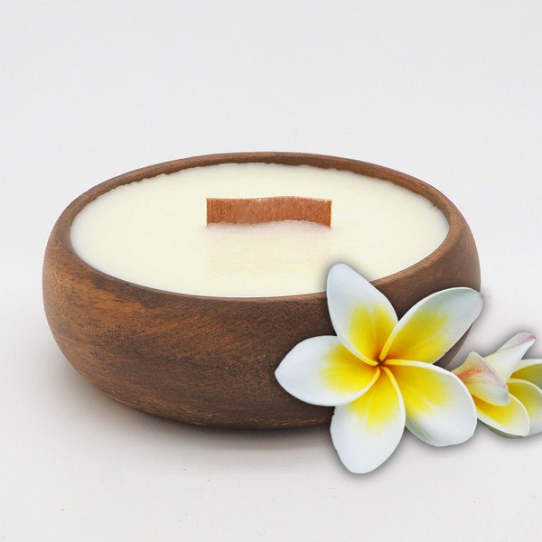 Plumeria Candle in Reusable  Bowl - Hawaiian Tropical Beach Theme - Best Smelling  - Wooden Wick - Valentines Day Gift