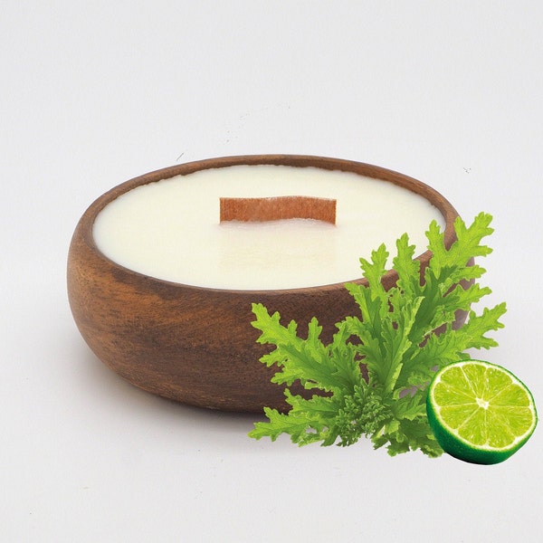 Citronella & Lime in Reusable  Acacia Bowl - Natural Bug Repellent  - Strong Scented Candles Wooden Wick