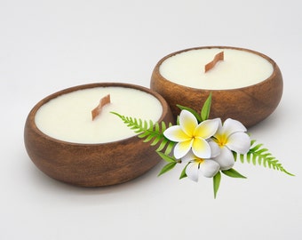 Plumeria (SET OF 2) Candles in Reusable  Bowl - Hawaiian Tropical Beach Theme - Best Smelling - Wooden Wick