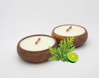 Citronella Lime (SET OF 2)candles in Reusable  Bowl with Wooden Wick - Hawaiian Tropical Beach Theme - Bug Repellent