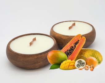 Mango & Papaya(SET OF 2) Candles in Reusable  Bowl - Hawaiian Tropical Beach Theme - Maple Wooden Wick