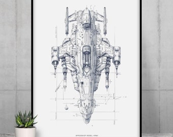 Spaceship technical drawing, top view, pencil drawing on white background, digital poster for printing, instant download after checkout