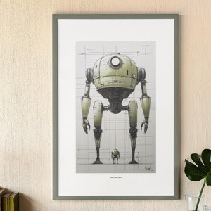 Könnte beinhalten: Gerahmter Druck mit einer detaillierten Illustration eines retro-futuristischen Roboters. Das Kunstwerk zeigt einen großen Roboter mit kugelförmigem Kopf und gegliederten Gliedmaßen in gedämpften Grün- und Grautönen, mit einer kleineren Version darunter. Der Text "ROBOT MODEL LIGHT" ist sichtbar.