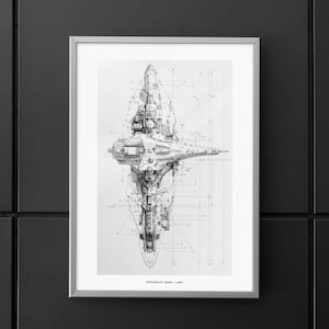 以下が含まれることがあります： 「SPACESHIP MODEL - L.U.A.R.」というテキストが書かれた、宇宙船の白黒の青写真図面です。