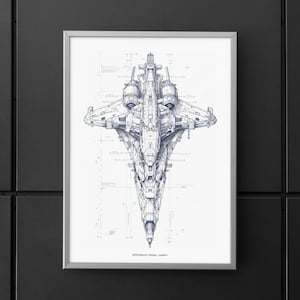 Spaceship technical drawing, top view, pencil drawing on white background, digital poster for printing, instant download after checkout