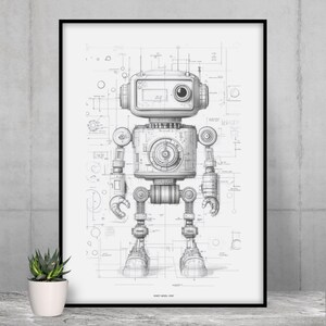 Könnte beinhalten: Eine Schwarzweiß-Zeichnung eines Roboters mit einem detaillierten Bauplan. Der Roboter hat einen runden Kopf mit einem einzigen Auge und einen rechteckigen Körper mit einem kreisförmigen Panel auf der Brust. Der Roboter hat zwei Arme mit Händen, zwei Beine mit Füßen und eine Reihe von Zahnrädern und anderen mechanischen Komponenten.
