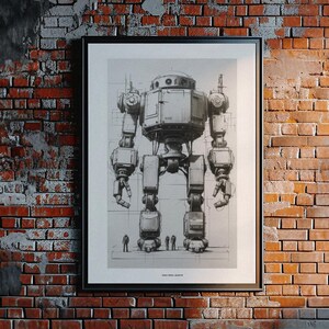 Puede incluir: Una ilustración técnica en blanco y negro enmarcada de un gran robot humanoide con articulaciones mecánicas y un torso redondeado. El dibujo presenta líneas de cuadrícula en el fondo y pequeñas figuras humanas en la base para mostrar la escala.