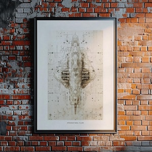 Spaceship technical drawing, top view, pencil drawing on white background, digital poster for printing, instant download after checkout