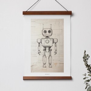 Robot schematic drawing, playful, positive, childish digital poster to print, white background, instant download after checkout