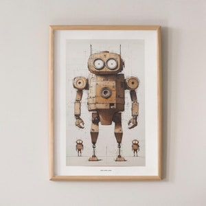 Könnte beinhalten: Ein gerahmter Druck eines Roboters im Vintage-Stil mit hellbraunen und beigen Farbtönen. Der Roboter hat große, runde Augen und ein detailliertes mechanisches Design. Eine weiße Tasse mit dem Buchstaben "C" steht auf einem weißen Tisch mit Holzbeinen.