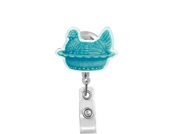 Robin Egg Blue Hen on Nest Badge Reel - Split Tail