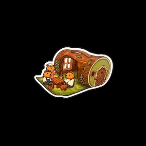 May include: A sticker featuring a cartoon scene of three bears gathered around a wooden table in front of a log cabin. The cabin is brown with green accents and a small window. The bears are wearing clothes and appear to be having a picnic.