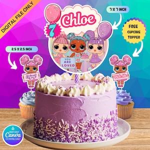 以下が含まれることがあります： 白いフロスティングとスプリンクルをかけた紫色のケーキ。ケーキは、3体のLOLサプライズ人形、風船、そして「Chloe You Are Loved」という文字が書かれた、直径17.8cmの丸いケーキトッパーで飾られています。直径6.4cmのカップケーキトッパーが2つあり、それぞれLOLサプライズ人形と「Enjoy!」「Pick Me!」という文字が書かれています。