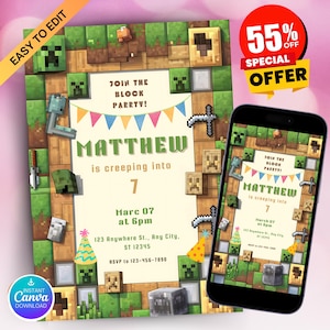 May include: A Minecraft-themed birthday invitation with a green, brown, and gray pixelated background. The invitation says "Join the Block Party!" and features the name "Matthew" with the text "is creeping into 7". The invitation also includes the date "March 07 at 6pm" and an address.