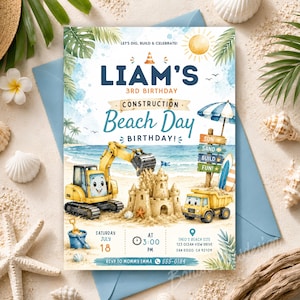 Peut inclure: Une carte d'invitation d'anniversaire rectangulaire illustrant une scène de plage à l'aquarelle avec une pelleteuse jaune, un camion-benne et un château de sable. Le texte indique 'LIAM'S 3RD BIRTHDAY', 'CONSTRUCTION Beach Day BIRTHDAY!' et les détails.