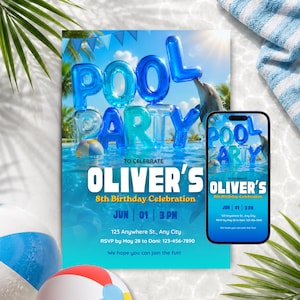 Puede incluir: Una invitación a una fiesta en la piscina con las palabras "POOL PARTY" en grandes letras azules de globo sobre una escena de piscina. La invitación es para el 8º cumpleaños de Oliver, el 1 de junio a las 3 PM. Un smartphone muestra la misma invitación.
