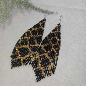 Beaded earrings, black and gold. fringe earrings, boho style earrings, beaded earrings, handmade black earrings