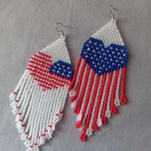 Patriotic earrings long beaded earrings, handmade earrings. america flag earrings, independence day earrings