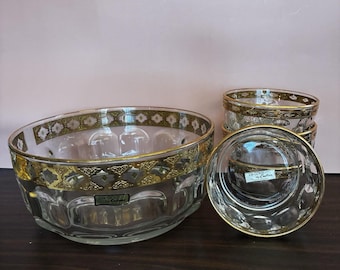Juego de ensaladera vintage Culver de oro de 22 quilates, ensaladera de vidrio verde, 5 piezas, estilo moderno de mediados de siglo, Hollywood Regency, EE. UU.