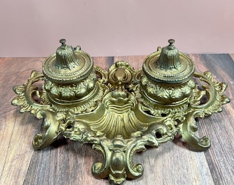 Porta calamaio doppio in ghisa antico rococò vittoriano del 1800 - Finitura in ottone