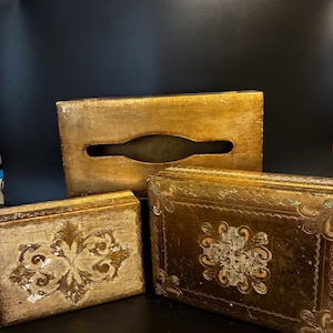 Vintage Florentine Gilt Wood Box Set: Italian Tissue Holder, Trinket & Stationery Chest