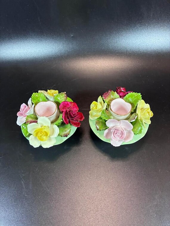 Denton Bone China Floral Candle Holders Pair English Rose Wreath